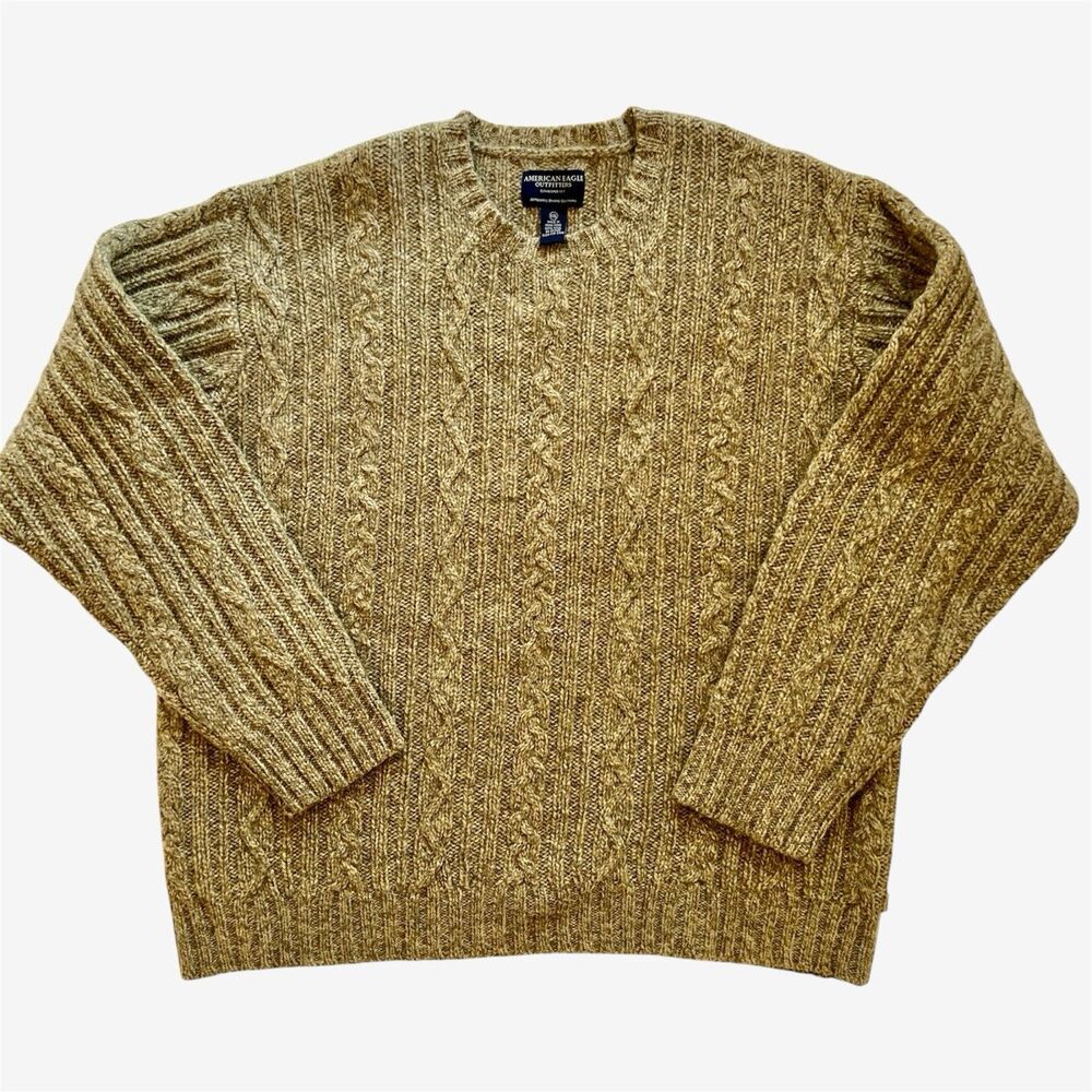 American Eagle sweater Men's XXL Green Cable Knit wool vtg y2k grandpa core